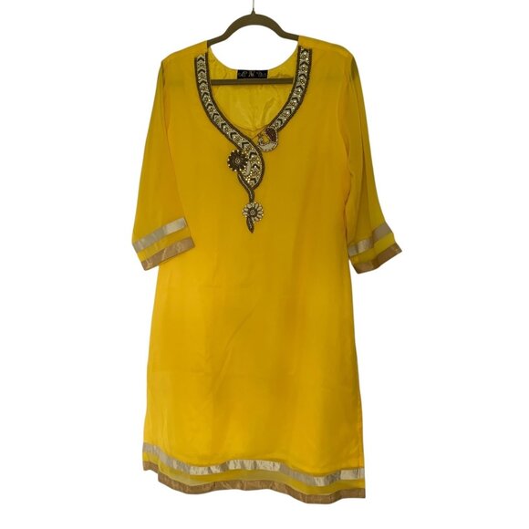 Nazila Couture size Large Yellow Kurta Tunic Beaded Applique Embroidered NWOT - Picture 3 of 8
